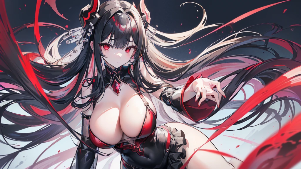 (Exquisite eyes),(Clear and beautiful eyes:1.61),masterpiece, ung girl,(Black clothes and some red gems), Black long hair, (She has a huge red gem on her chest), Good Hand,((The Havoc of StarCraft)),full-body shot,Fighting Stance,(Red Eyes:1.466),short and small,(Very big breasts:1.35),(Pretty Face),(full-body shot:1.33),Beautiful hands