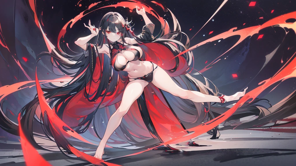 (Exquisite eyes),(Clear and beautiful eyes:1.61),masterpiece, ung girl,(Black clothes and some red gems), Black long hair, (She has a huge red gem on her chest), Good Hand,((The Havoc of StarCraft)),full-body shot,Fighting Stance,(Red Eyes:1.466),short and small,(Very big breasts:1.35),(Pretty Face),(full-body shot:1.33),Beautiful hands