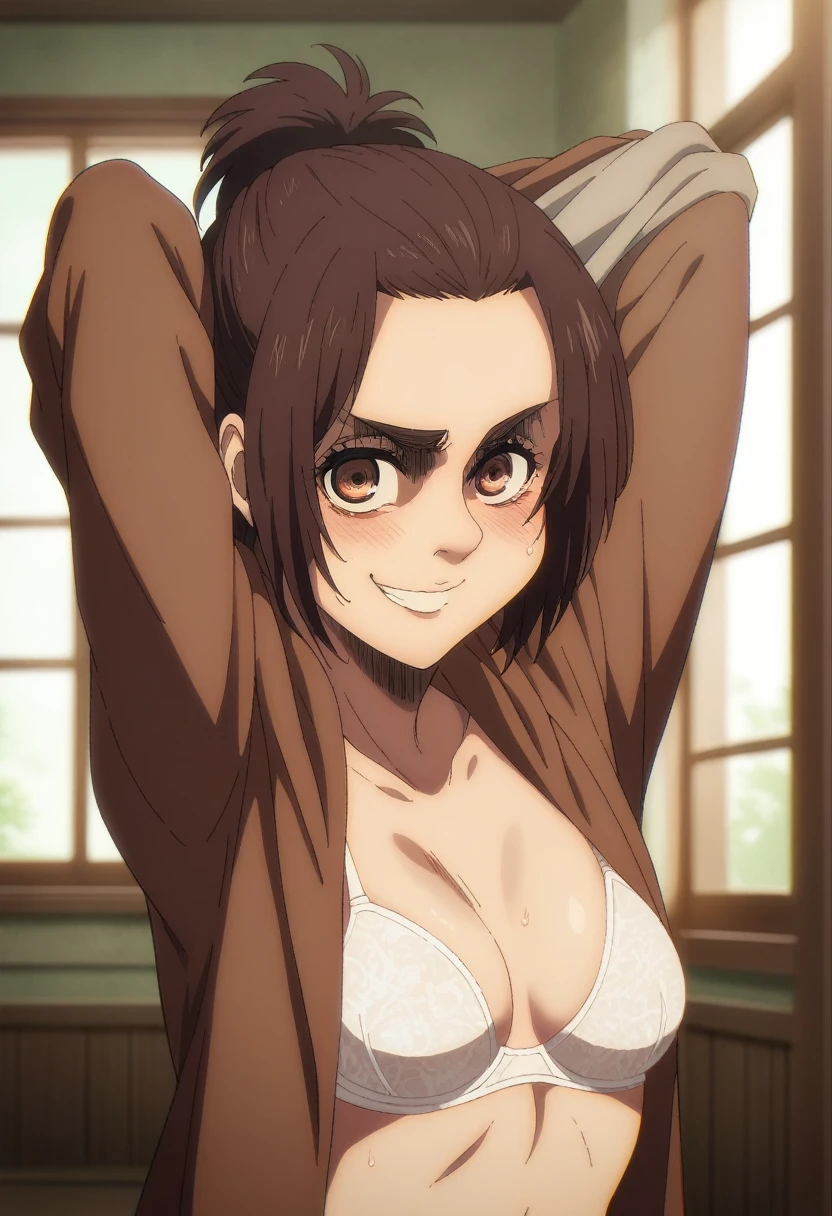 score_9, score_8_up, score_8, source_anime, shingeki_no_kyojin_s4_style, gabi braun, brown eyes, brown hair, single hair bun, , jacket, loafers,upper body, looking at viewer, smile, blush, seductive smile, navel, small breasts, legs, armpits, undressing, looking at viewer, half eyes closed, crazy smile, standing, room, sweaty armpits, white bra,
