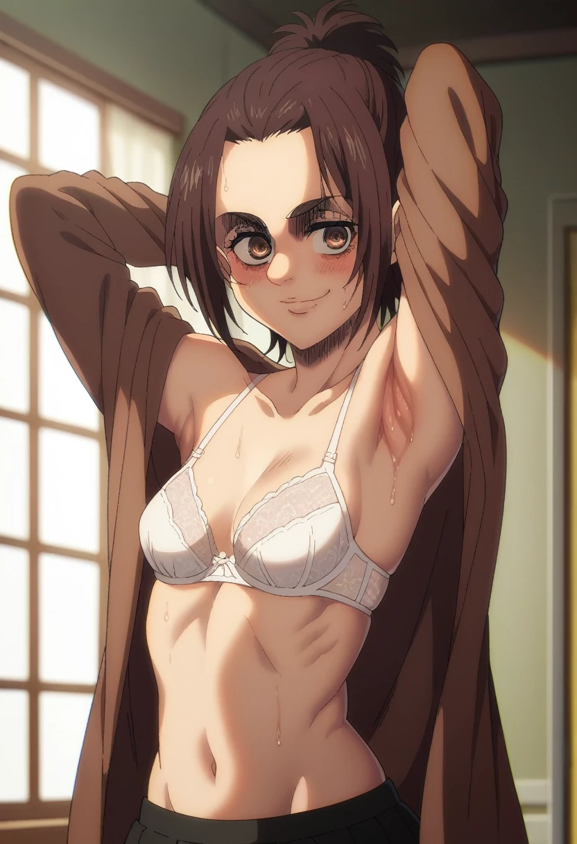 akane_asahina,over-rim eyewear,very short hair,(side parted hairstyle),hairclip,(forehead),bedroom,(on a bed,lying on back),NSFW,1girl in,(Portrait),face Focus,close up,short torso,Perfect Lighting,,nude,(nipples),,anime screen cap,Flat color,cel shading,smile,, (underwear:1.2), (strong light)、((brighten the subject)),smile,blush,curby:1.2,(light green panties),