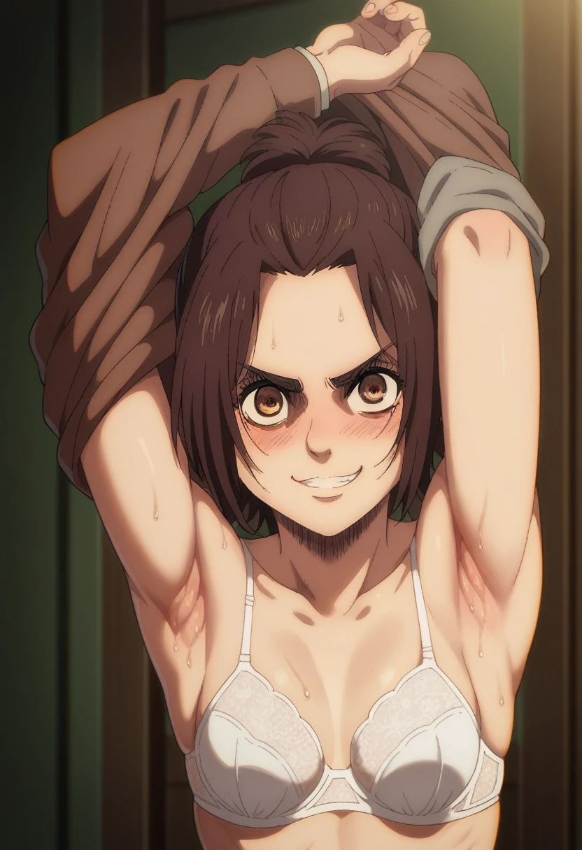 score_9, score_8_up, score_8, source_anime, shingeki_no_kyojin_s4_style, gabi braun, brown eyes, brown hair, single hair bun, , jacket, loafers,upper body, looking at viewer, smile, blush, seductive smile, navel, small breasts, legs, armpits, undressing, looking at viewer, half eyes closed, crazy smile, standing, room, sweaty armpits, white bra, angry