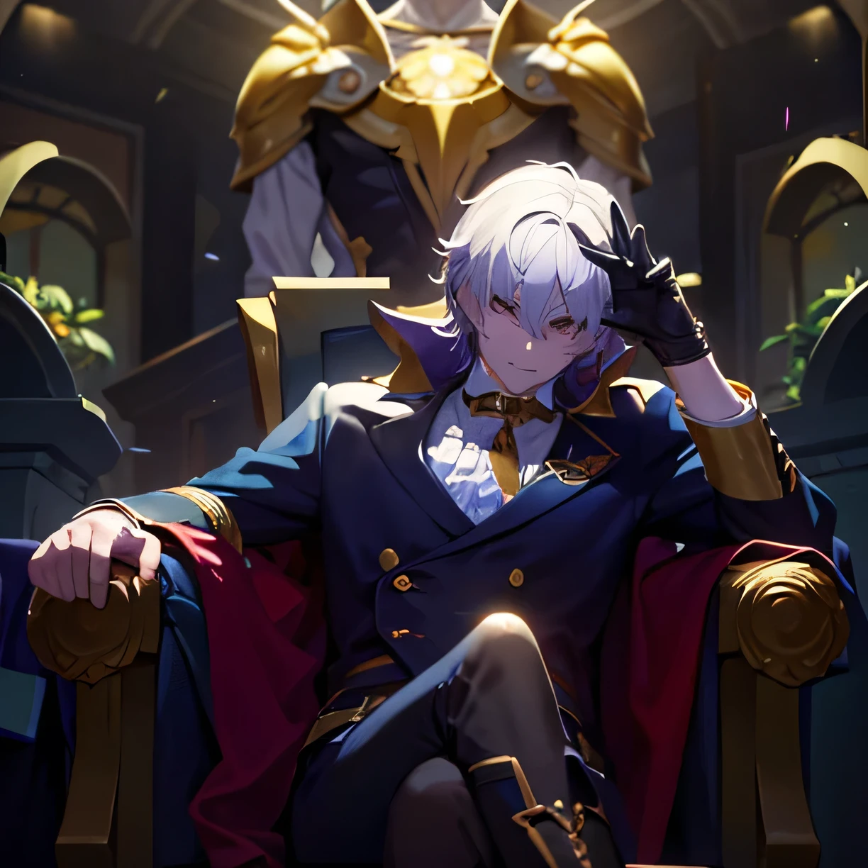 The man sitting there was shining golden. and with a serious facial expression