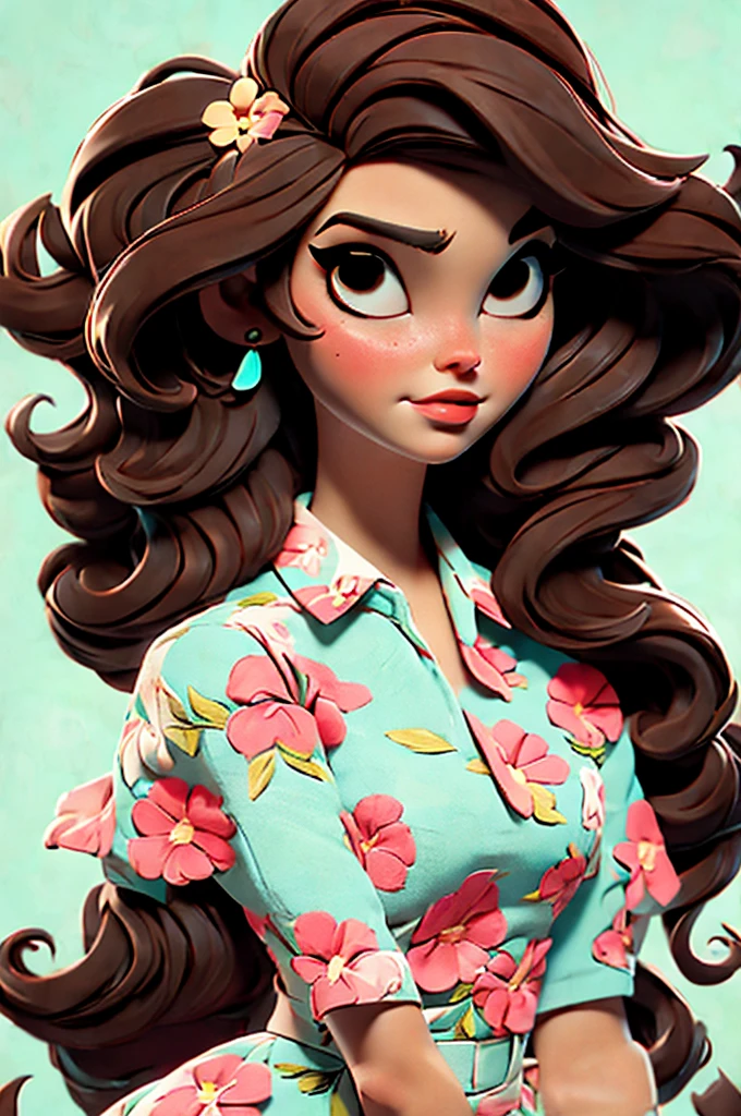 Lana Del Rey, flower dress, white background,, red lips,, pink pinup style, aqua black eyes, brown hair
