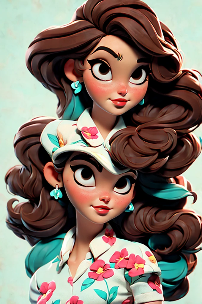 Lana Del Rey, flower dress, white background,, red lips,, pink pinup style, aqua black eyes, brown hair