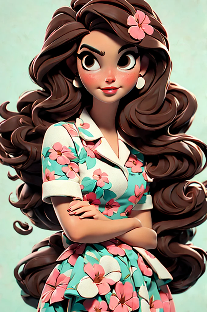 Lana Del Rey, flower dress, white background,, red lips,, pink pinup style, aqua black eyes, brown hair
