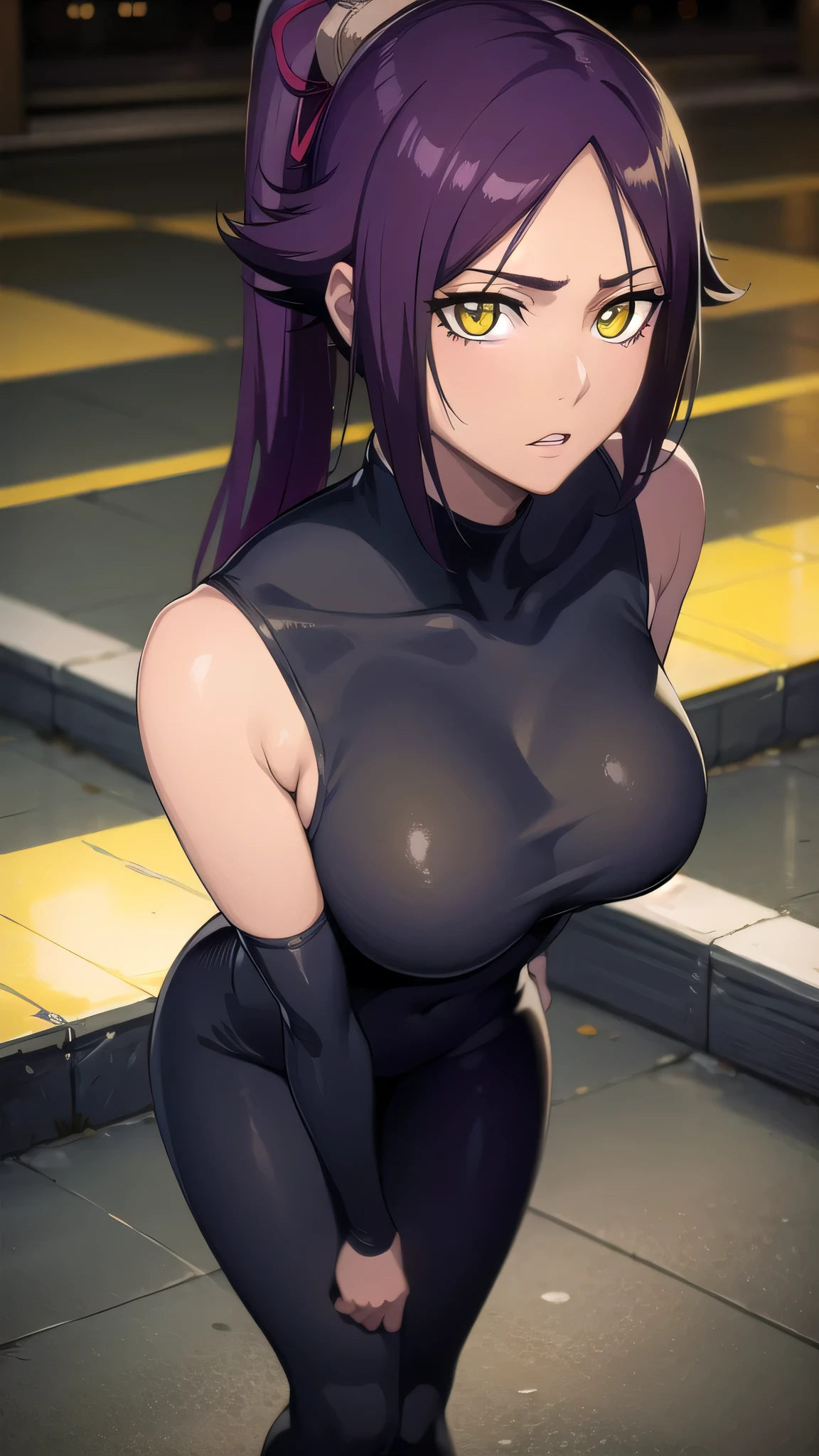 BREAK looking at viewer,BREAK (masterpiece:1.2), best quality, high resolution, unity 8k wallpaper, (illustration:0.8), (beautiful detailed eyes:1.6), extremely detailed face, perfect lighting, extremely detailed CG, (perfect hands, perfect anatomy),yoruichi shihouin, long hair, (yellow eyes:1.5),city,in street,night,lights,wet road,reflections,ponytail, purple hair, dark skin, dark-skinned female,
bodysuit, black bodysuit, bodysuit under clothes,sleeveless,full body,from above,bend over.