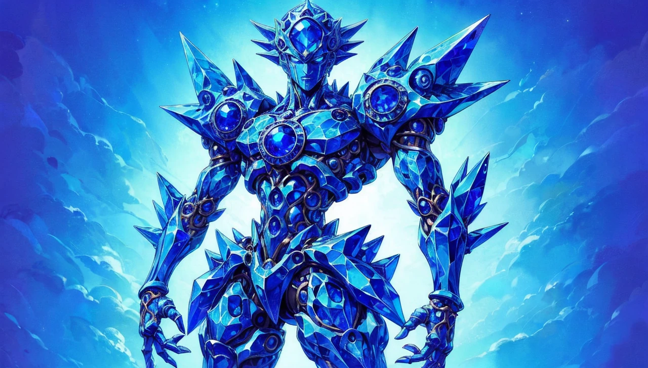 Blue Carbuncle in the style of JoJo's Bizarre Adventure anime: a humanoid figure, 2.10 meters tall, made of blue crystals and gems, with a large faceted blue gem as a head, intricate patterns instead of facial features, torso covered in articulated crystal plates resembling armor, limbs made of crystal segments, long sharp fingers, wide crystalline base for feet, a cape made of thin crystal sheets, and a larger, brighter blue gem at the chest center. While standing in profile and crossing his arms, he is inside a castle.