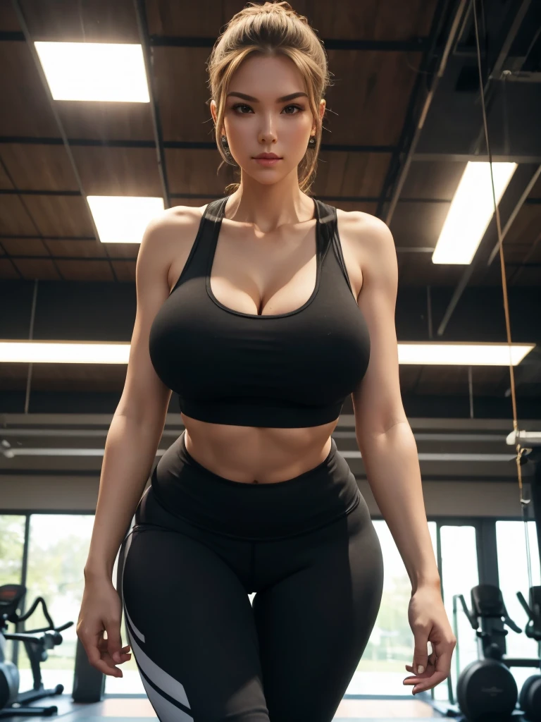 Tall woman,huge breasts,huge hips,in a gym ,yoga pants,tank top,8k,realistic,front photo,pov,looking a the camera