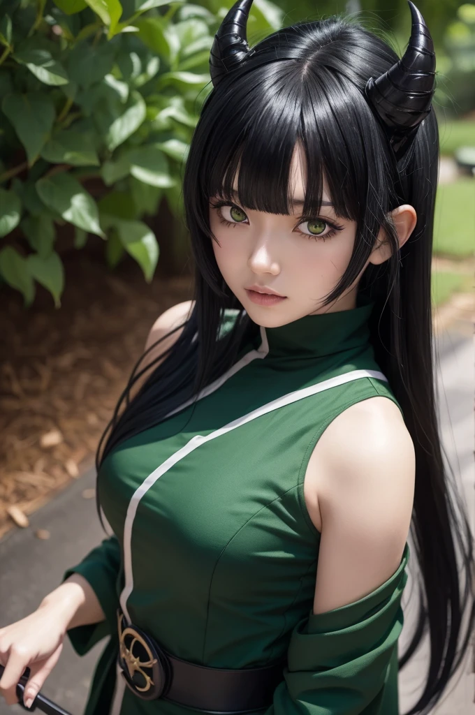 Anime demon slayer, black hair with green bangs, Hashira&#39;s outfit, shorth hair, black and white eyes.