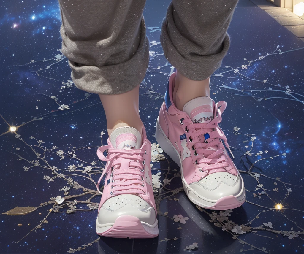 ((Highest quality，masterpiece，Extremely complex and exquisite details，Pink flannel texture thick-soled sneakers，White high-heeled shoes，white shoelaces，Consistent shoes，Correct anatomy))，starry sky galaxy background