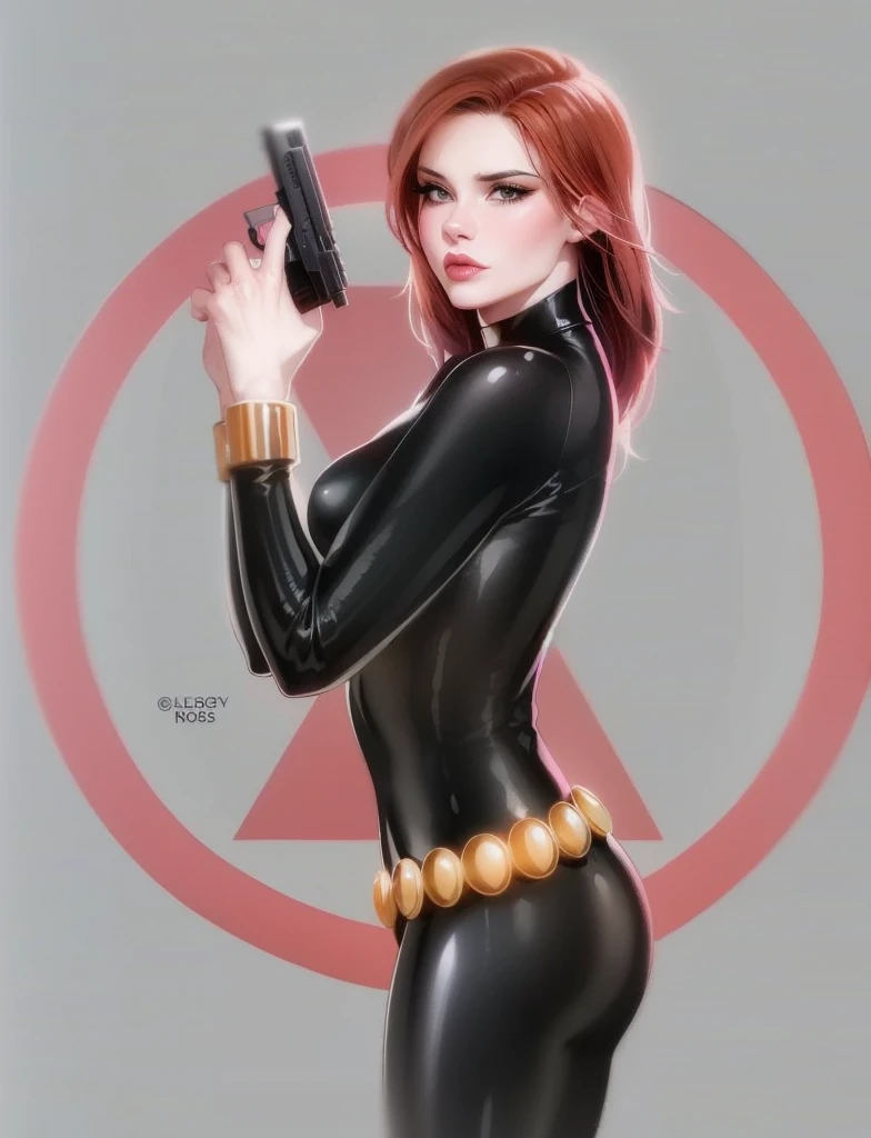 Black Widow, from the Marvel Comics universe. She is showcased in a sleek skin-tight shiny black latex bodysuit, a belt made of golden circles, and golden wrist guards. In her right hand, she is holding a gun. The ambiance divulges power, strength, and an impressive aura radiated by Black Widow.