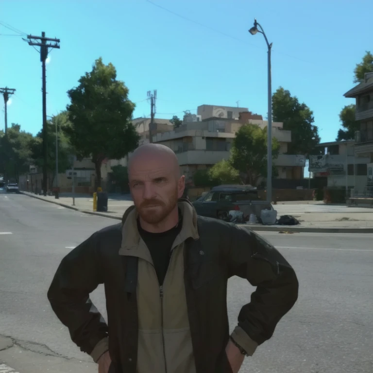 arafed homme debout sur le bord de la route dans une veste marron, Jesse Pinkman dans GTA v, en tant que personnage de gtav, personnage gta, en tant que protagoniste de GTA 5, Walter White dans GTA V, Style de GTA V, personnage gta v, Walter White dans GTA 5, Saul Goodman dans GTA V, GTA IV Art Style, debout dans la rue du canton