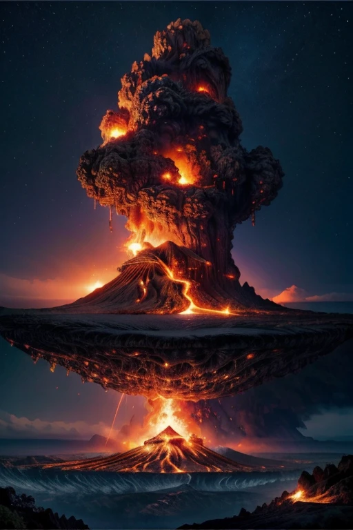 A mystical mysterious island above the sky, Volcanic ash clouds surrounding it, volcano island, lava flow, mysterious atmosphere, lava, mystical, fantasy, digital art, intricate details, 8k, photorealistic, hyperrealistic, cinematic lighting, dramatic lighting, high quality, intricate details, masterpiece, digital art