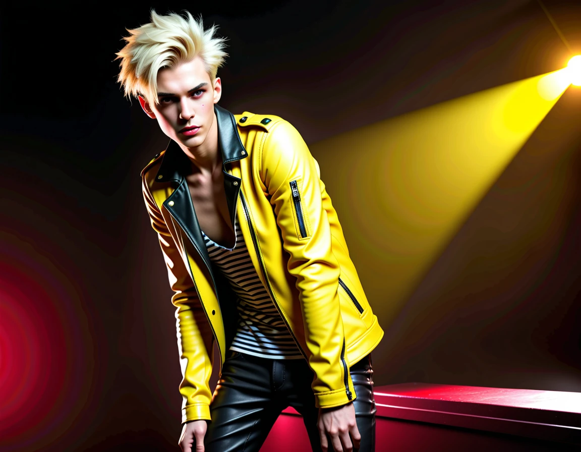 1 Caucasian white, male, young man handsome, model ((very skinny)), black and yellow leather jacket, demon, incubus, short layered hair, blonde hair, strip club atmosphere, night club lighting, darkness, BDSM club background, full body, hunter eyes, gothic punk attire, heavy punk eyeshadow, evil, darkness, dark, realism, realistic, perfect realism, full 16k, masterpiece, sexy, letters C, T, X neon lights