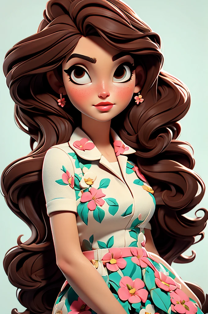 Lana Del Rey, flower dress, white background,, red lips,, pink pinup style, aqua black eyes, brown hair