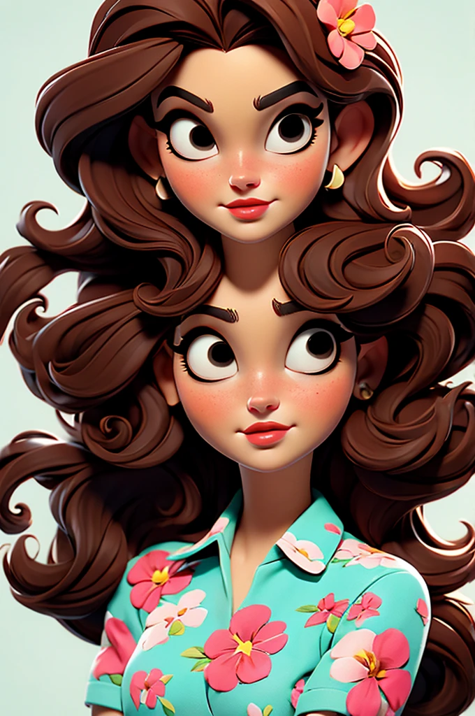 Lana Del Rey, flower dress, white background,, red lips,, pink pinup style, aqua black eyes, brown hair