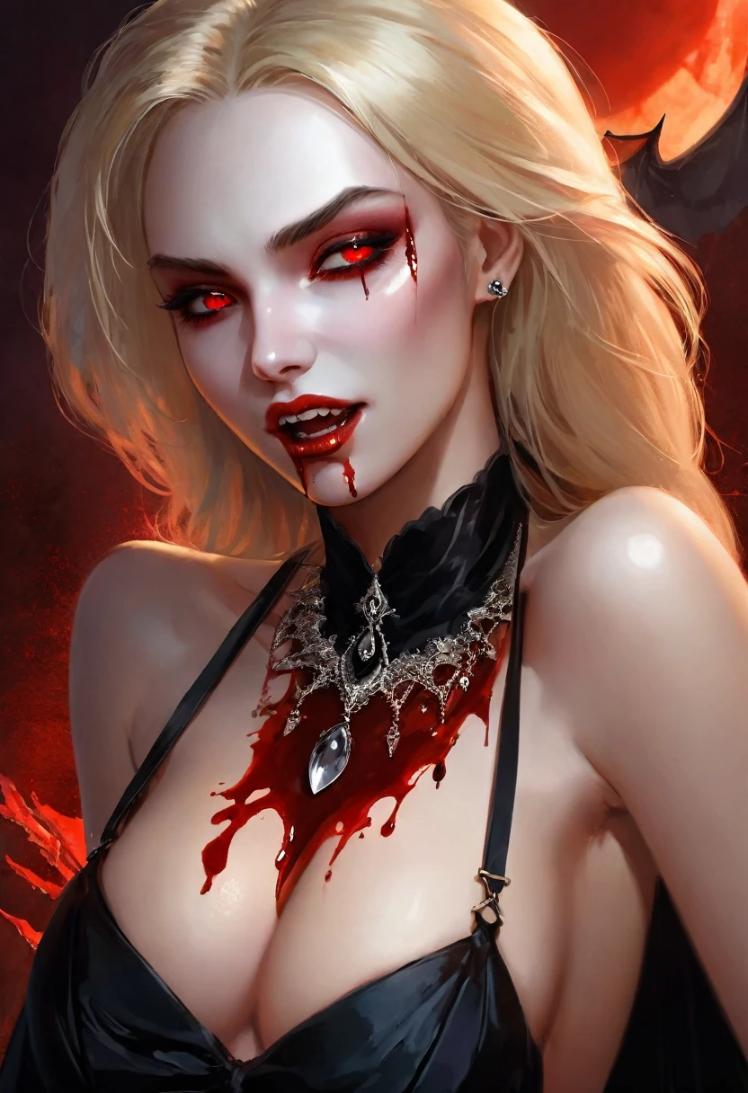 aa portrait of vampire with a bloody tear coming down from he eye, an exotic beautiful female vampire, blond hair color, dynamic hair style, ultra detailed face, best detailed face, silver eye color, ((1single red teardrop, teardrop made of blood coming down from the eye: 1.3)), small cleavage, wearing two black diamond earrings, Ultra-high resolution, High Contrast, (masterpiece:1.5), highest quality, Best aesthetics), 16K fantasy art, best details, best quality, highres, (ultra wide angle: 1.2), 16k, [ultra detailed], masterpiece, best quality, (extremely detailed), ladyshadow, magical sky, crying style, vampire teeth