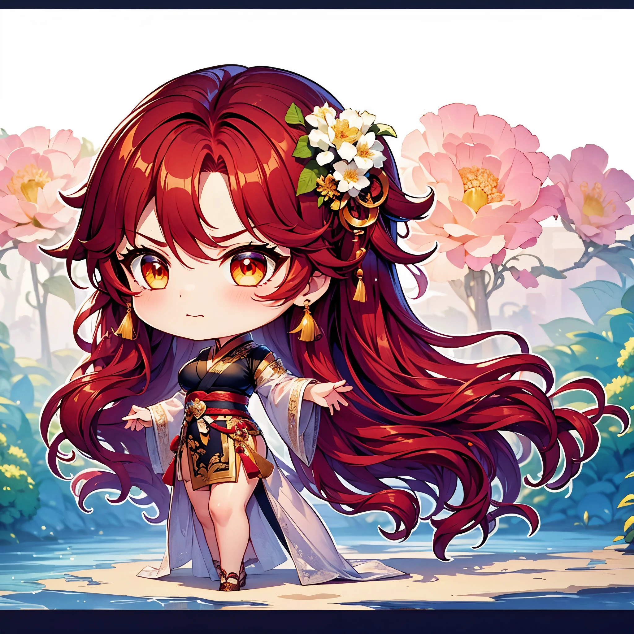 Chibi character pixel art, ((xian mei)), 1 girl, long red hair, standing, Chibi style, shapely breasts, high quality pixel art, Gege Akutami, photography, beautiful, colorful, realistic, masterpieces, top quality, best quality, official art, beautiful and aesthetic, hanfu, perfect anatomy, mini solo chibi, angry, angry, hungry, angry, flower garden,