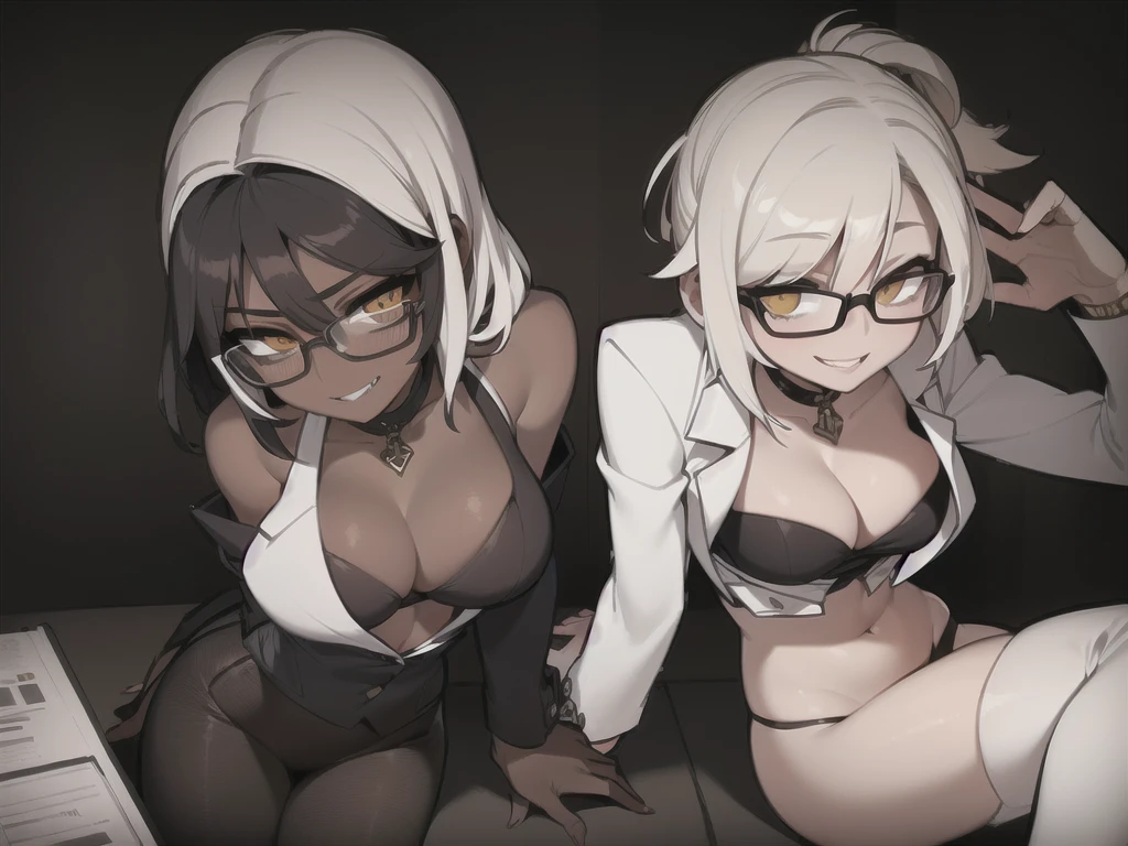 two sexy women looking at camera, flirtatious smiles, dark skin, office outfits, chokers, portrait, short curly white hair, glasses