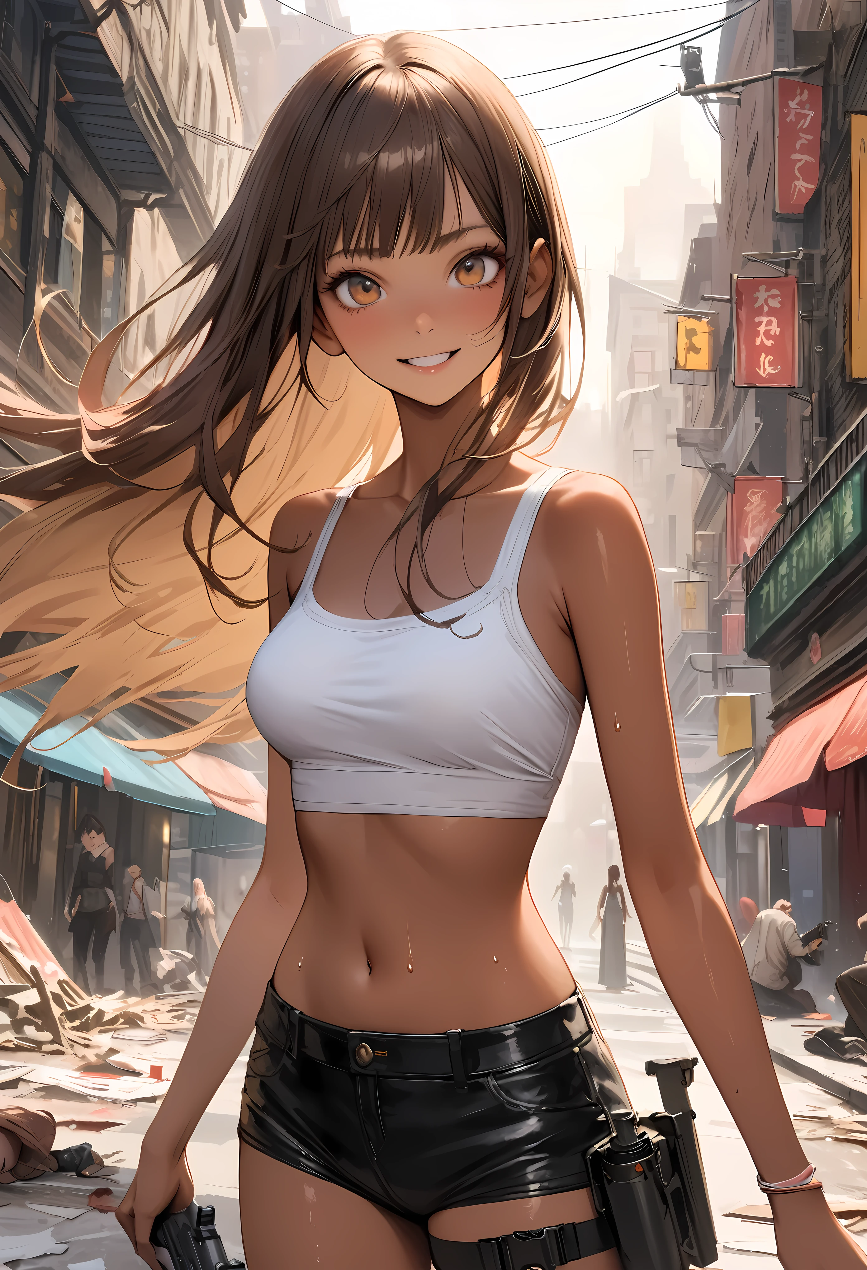 Dynamic gun action scenes、Woman shooting down zombieasterpiece,Highest quality:1.3,best quality illustration)),(realistic),cowboy shot,solo,1woman,25 year old beauty,brown hair,long hair,bangs,brown eyes,(gorgeous big eyes),((very small head:1.3)),A strong smile,((very long body:1.2,skinny)),((tan skin:1.4)),medium breasts,White tube top bra、navel,Black leather micro shorts、With leg holster,gleaming skin,slender body,sweat,standing,Collapsed Buildings、on street,New York City、Resident Evil World、