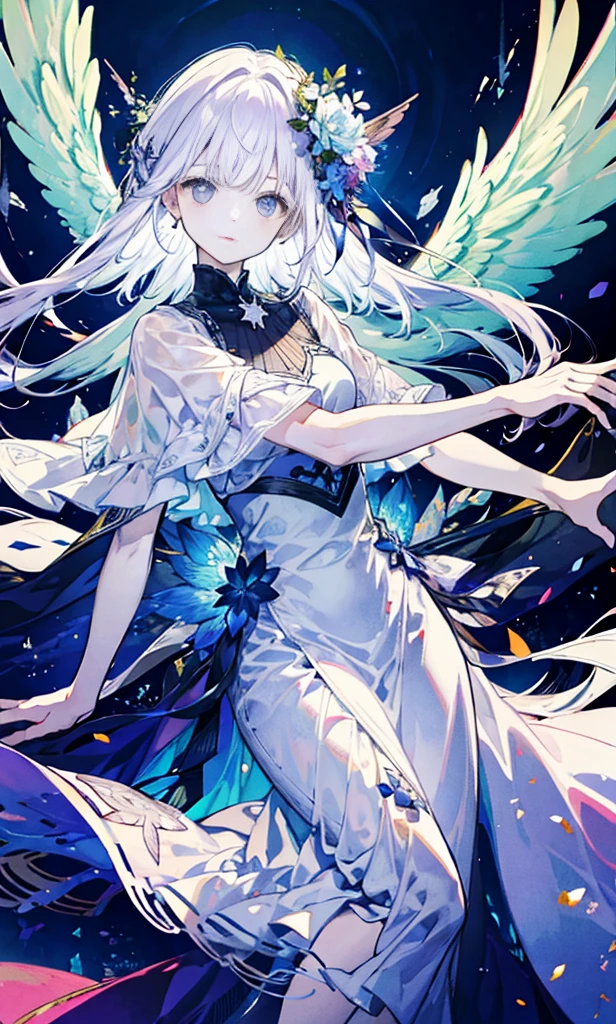 The angel is depicted with a Pale and glowing cot has heterochromatic eyes.、Its skin seems to radiate an otherworldly glow。he、Symbol of divinity、Decorated with a pair of shining Fair wings。This scene is so wonderful.、It captures the beauty and mystery of these celestial bodies。Angelic、Pale、glow、Farbe、shine、A rare treasure、Brilliance、shine、Fair、wingspan、sanctity、Fair、charming、beauty、mystery。