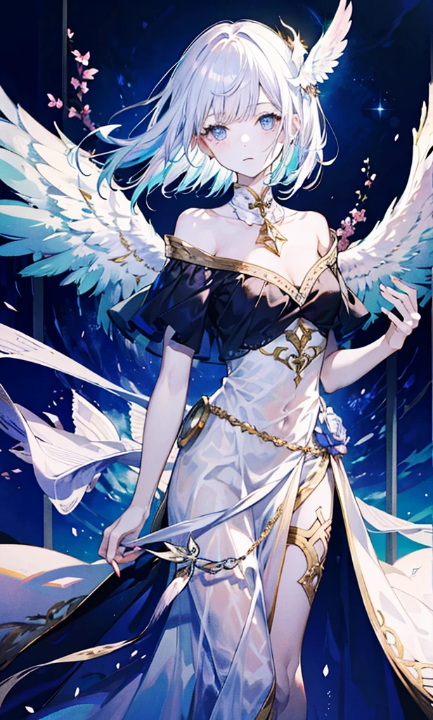 The angel is depicted with a Pale and glowing cot has heterochromatic eyes.、Its skin seems to radiate an otherworldly glow。he、Symbol of divinity、Decorated with a pair of shining Fair wings。This scene is so wonderful.、It captures the beauty and mystery of these celestial bodies。Angelic、Pale、glow、Farbe、shine、A rare treasure、Brilliance、shine、Fair、wingspan、sanctity、Fair、charming、beauty、mystery。
