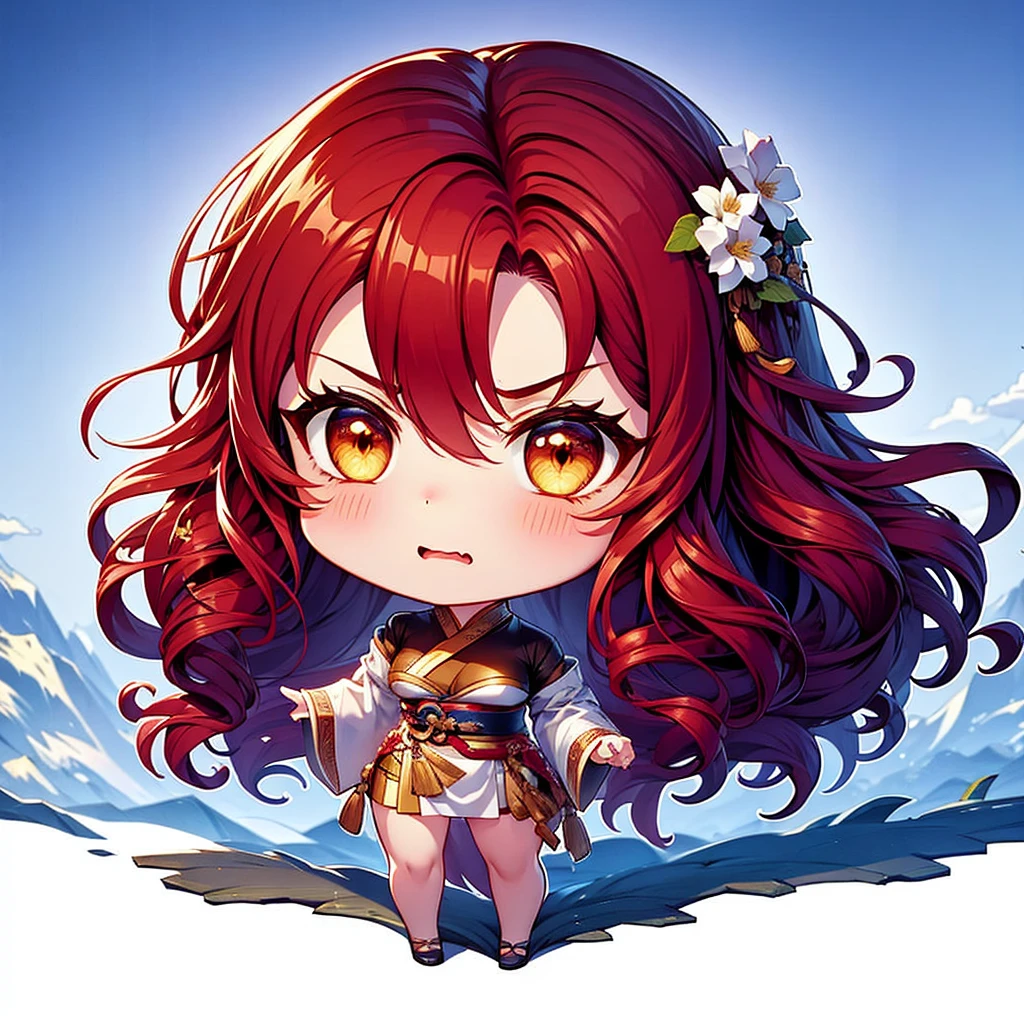 Chibi character pixel art, ((xian mei)), 1 girl, long red hair, standing, Chibi style, shapely breasts, high quality pixel art, Gege Akutami, photography, beautiful, colorful, realistic, masterpieces, top quality, best quality, official art, beautiful and aesthetic, hanfu, perfect anatomy, mini solo chibi, angry, angry, hungry, angry, flower garden,
