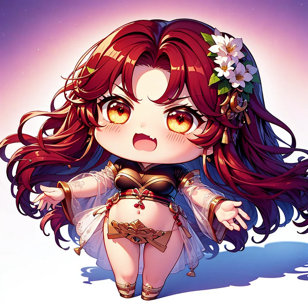 Chibi character pixel art, ((xian mei)), 1 girl, long red hair, standing, Chibi style, shapely breasts, high quality pixel art, Gege Akutami, photography, beautiful, colorful, realistic, masterpieces, top quality, best quality, official art, beautiful and aesthetic, hanfu, perfect ???????, mini solo chibi, angry, angry, hungry, angry, flower garden,
