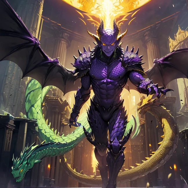 Absurdres, master piece, best high quality image, Science fiction genre, carefully detailed artwork, carefully detailed image, no deformity, solo alone character, full body view, h.r Giger-aesthetic
{{(1character: male elder evil reptilian, (four yellow eyes, green scaly skin, draconic features, komodo dragon head, big brain, big slender body, seven finger hands, seven finger feet, huge dragon wings, golden claws, sadistic smile, flying around), (purple biomechanical armor, long black stone scimitar), (burning human city, red bloody sky))}}