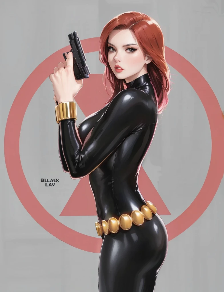 Black Widow, from the Marvel Comics universe. She is showcased in a sleek skin-tight shiny black latex bodysuit, a belt made of golden circles, and golden wrist guards. In her right hand, she is holding a gun. The ambiance divulges power, strength, and an impressive aura radiated by Black Widow.