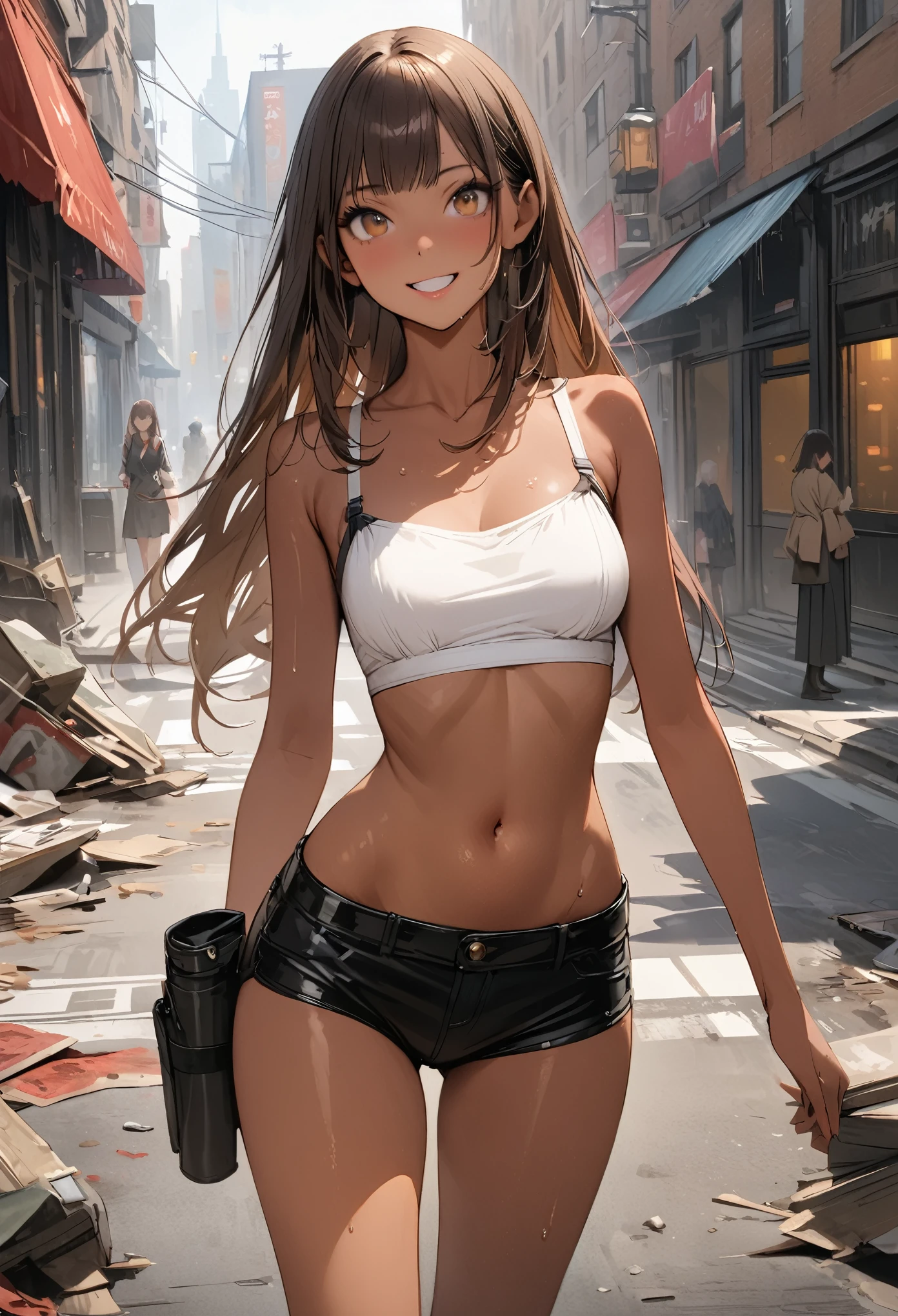 ((masterpiece,Highest quality:1.3,best quality illustration)),(realistic),cowboy shot,独奏,1woman,25 year old beauty,brown hair,long hair,bangs,brown eyes,(gorgeous big eyes),((very small head:1.3)),A strong smile,((very long body:1.2,skinny)),((tan skin:1.4)),medium breasts,White tube top bra、navel,Black leather micro shorts、With leg holster,gleaming skin,slender body,sweat,standing,Collapsed Buildings、on street,New York City、Resident Evil World、