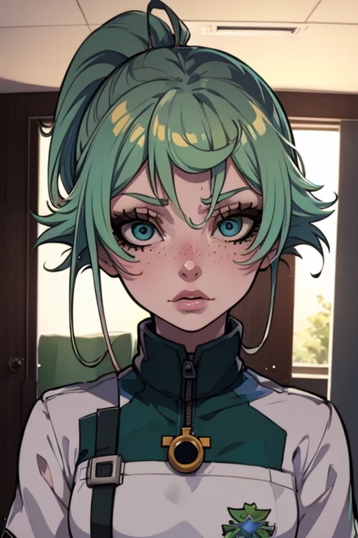Masterpiece, best quality, college student, centered in frame, portrait, female, pale skin, stressed expression, stethoscope, busty, smoking cigarette, eye bags, nervous, peach lips, ponytail, pastel green hair, couch landscape, green eyes, paramedic uniform, green freckles, beautiful , dark blue hair, mole under eye, dashed eyes, first-person view, high detail, anime