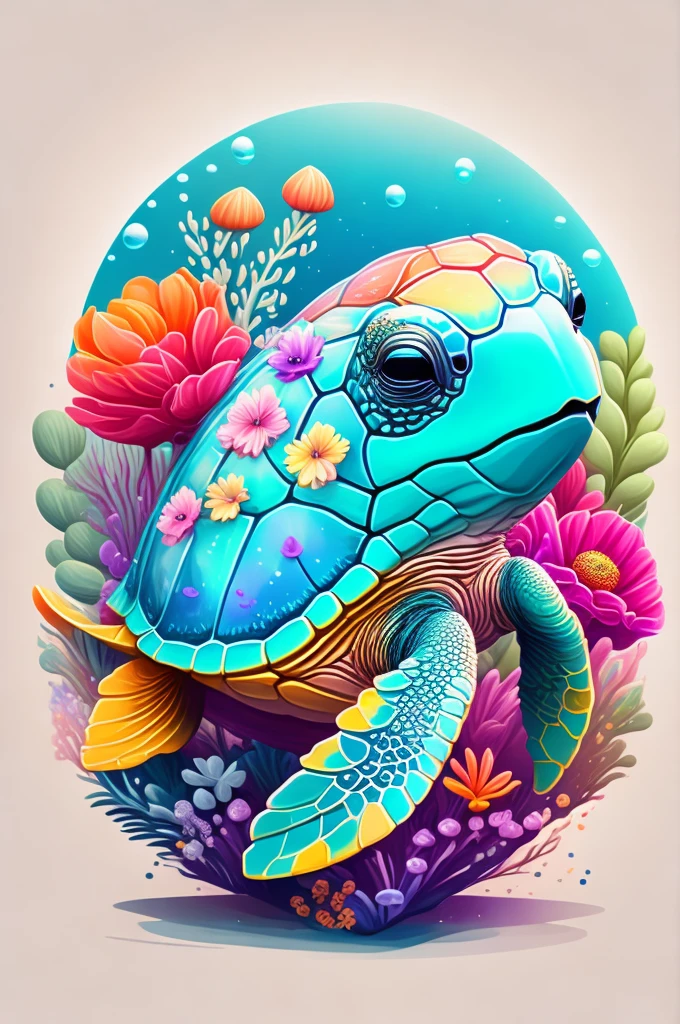 Chibi sea turtle, air bubble, flowers, vivid color, splash of color, cute, illustrator, digitl art, image for t-shirt design