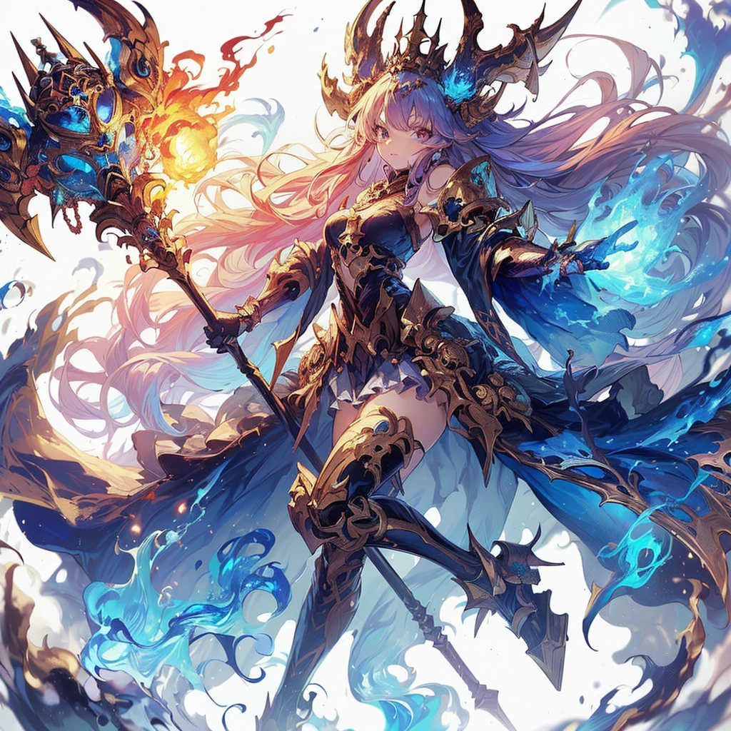 (master piece、highest quality)、Ultra fine、anime style、Chaos Demon Female whole body、warhammer 40k、SGoldcerer's Wand、blue flame burning in hand、blue and gold、Gold々A rainbow-colGolded power armGold that changes with、8K high resolution、trend art station、white background、whole body、