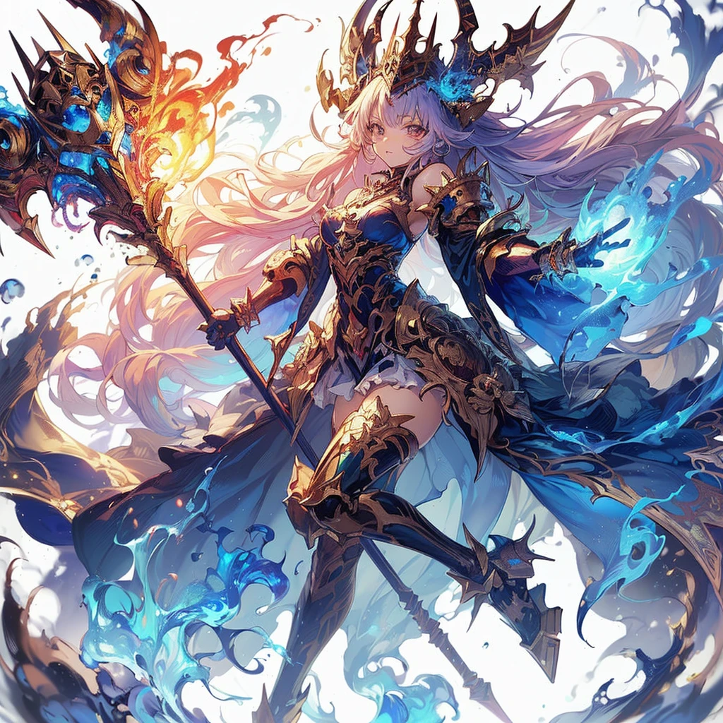 (master piece、highest quality)、Ultra fine、anime style、Chaos Demon Female whole body、warhammer 40k、SGoldcerer's Wand、blue flame burning in hand、blue and gold、Gold々A rainbow-colGolded power armGold that changes with、8K high resolution、trend art station、white background、whole body、