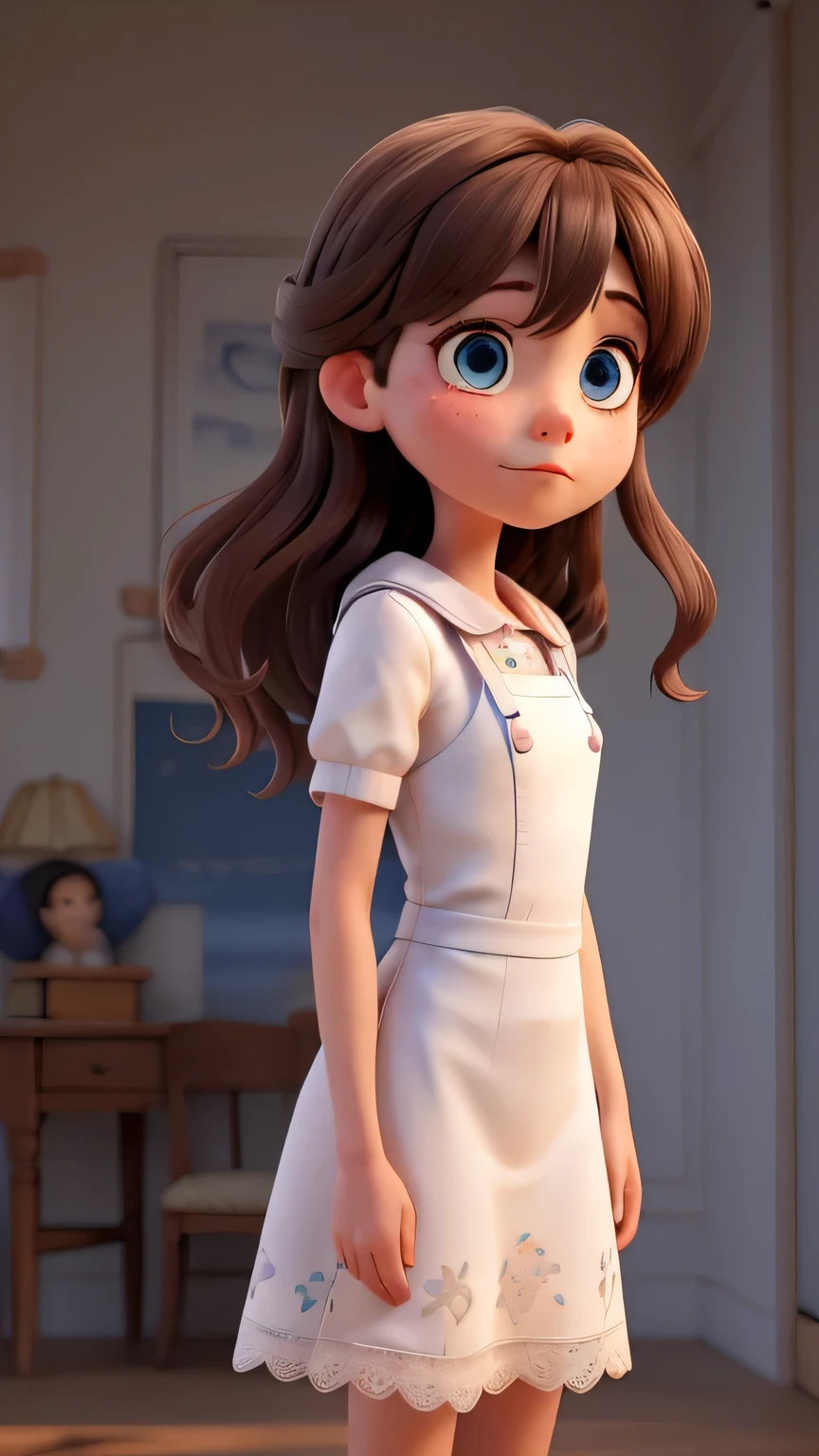 Create an image of a young girl standing alone. She has long, brown hair and bright blue eyes that express a mix of sorrow and determination. She is dressed in a simple yet elegant white dress with delicate lace trimmings. The overall scene should be depicted in a Disney-inspired style, with expressive eyes and gentle features, capturing the emotional depth and tenderness of the moment.