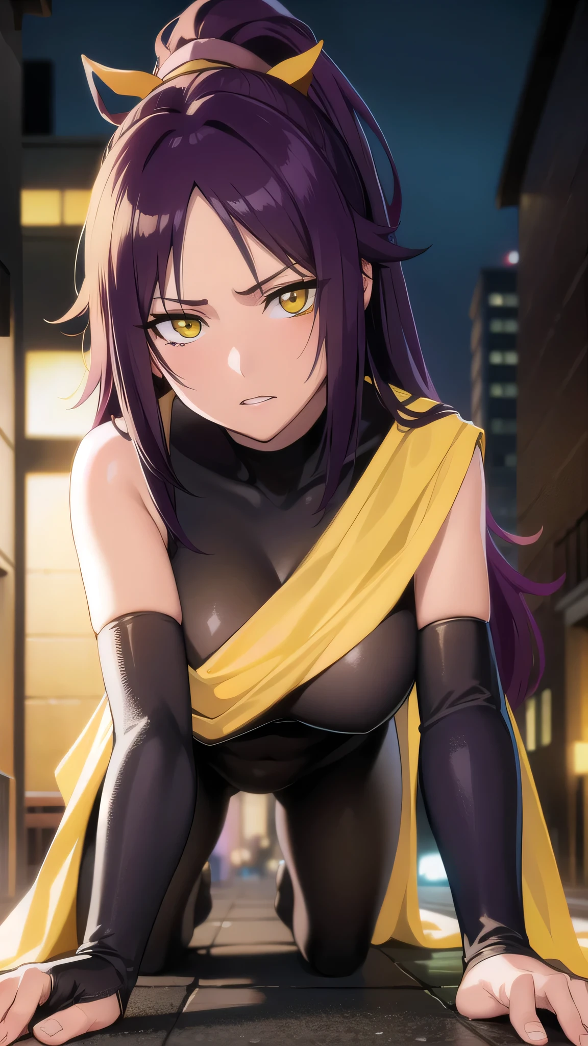 BREAK looking at viewer,BREAK (masterpiece:1.2), best quality, high resolution, unity 8k wallpaper, (illustration:0.8), (beautiful detailed eyes:1.6), extremely detailed face, perfect lighting, extremely detailed CG, (perfect hands, perfect anatomy),yoruichi shihouin, long hair, (yellow eyes:1.5),city,in street,night,lights,wet road,reflections,ponytail, purple hair, dark skin, dark-skinned female,
bodysuit, black bodysuit, bodysuit under clothes,sleeveless,full body,bend over.