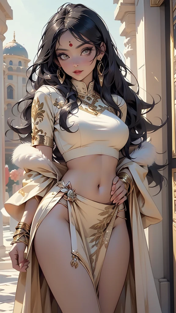 woman,1female,((milf,mom,mature,mature woman,45 years old female,adult)),((((indian girl)))),(large breasts:1.5),saggy breasts,(((black hair:1.4,dark hair,straight hair,long hair:1.4,colored inner hair))),(((gold_eyes:1.3))),intricate eyes,beautiful detailed eyes,symmetrical eyes,((((dark skin:1.4,lustrous skin:1.5,bright skin: 1.5,skin tanned,shiny skin,very shiny skin,shiny body,illuminated skin)))),(spider lower abdomen,narrow waist,wide hip,bimbo body,inflated legs,thick thighs),(((detailed face))),
(cute,slutty,sensual,seductive look,seductive,((erotic)),opulent,sumptuous,longingly,(nsfw)),
queen,goddess,fantasy,(arabian clothes, harem outfit, arabian dancing girl,belly dancer outfit,slave,leia slave outfit,jewelry,sheer loincloth, pelvic curtain, midriff, bracelets),((eyeshadow,elegant makeup,eyelid makeup,gold lips,gold lipstick)),((Transparent cloth:1.1)), (((Sexy fur coat, fur coat outfit, wearing a fur coat:1.3,winter coat))),(arabian jewelry,intricate necklace),(((intricate outfit,intricate clothes,embroidered outfit,ornate outfit))),
(dynamic pose:1.0),embarrassed,(centered,scale to fit dimensions,Rule of thirds),
inside,indoor,((palace in Arabia, palace in Arabia background)),scenery:1.25,((intricate scenery)),
(Glossy winter ornaments),highres,sharp focus,(ultra detailed,extremely detailed),(photorealistic artwork:1.37),(extremely detailed CG unity 8k wallpaper),(((vibrant colors,vibrant theme))),(intricate),(masterpiece),(best quality),artistic photography,(photography taken by sldr),(intricate background),perfect rendered face,perfect face details,realistic face,photo realistic,((intricate detail)),(((realism))),