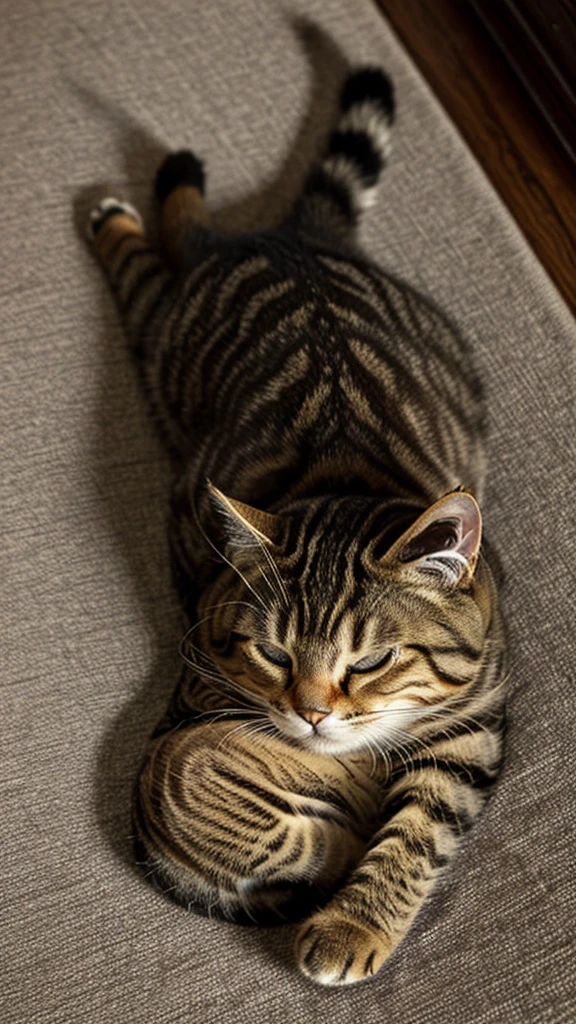 Very realistic animal photos，indoor，Home，night，Sense of atmosphere，An overhead shot of a cute tabby cat sleeping soundly with its belly turned upside down，Realistic animal hair，Capture cute pet tabby cat sleeping，female cat，