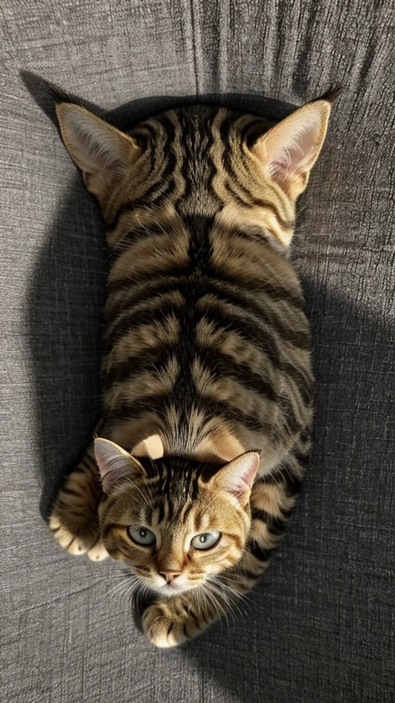 Very realistic animal photos,indoor,Home,night,Sense of atmosphere,An overhead shot of a cute tabby cat sleeping soundly with its belly turned upside down,Realistic animal hair,Capture cute pet tabby cat sleeping,female cat,