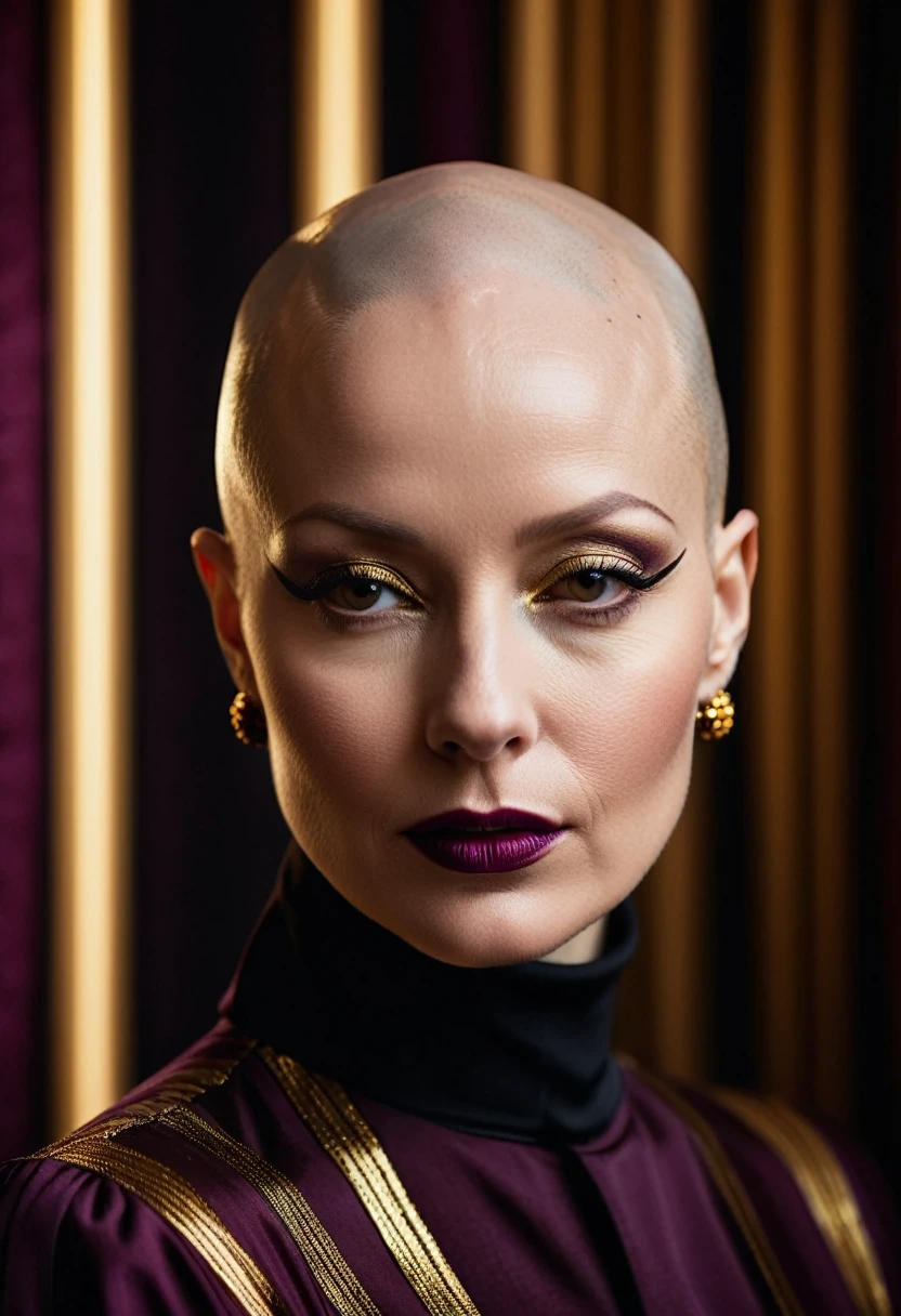 mid shot, A cinematic photograph of a stylized portrait of a bald woman's head, with bold glossy black and gold stripes, luxury and sophistication, serene backdrop in a rich deep plum hue, mystery and creativity, Rembrandt light that accentuates the subject's striking features, shallow depth of field, enigmatic gaze