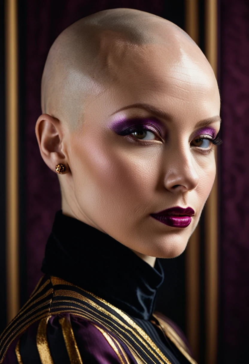 mid shot, A cinematic photograph of a stylized portrait of a bald woman's head, with bold glossy black and gold stripes, luxury and sophistication, serene backdrop in a rich deep plum hue, mystery and creativity, Rembrandt light that accentuates the subject's striking features, shallow depth of field, enigmatic gaze