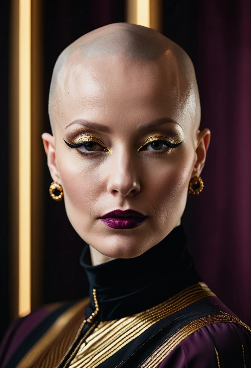 mid shot, A cinematic photograph of a stylized portrait of a bald woman's head, with bold glossy black and gold stripes, luxury and sophistication, serene backdrop in a rich deep plum hue, mystery and creativity, Rembrandt light that accentuates the subject's striking features, shallow depth of field, enigmatic gaze