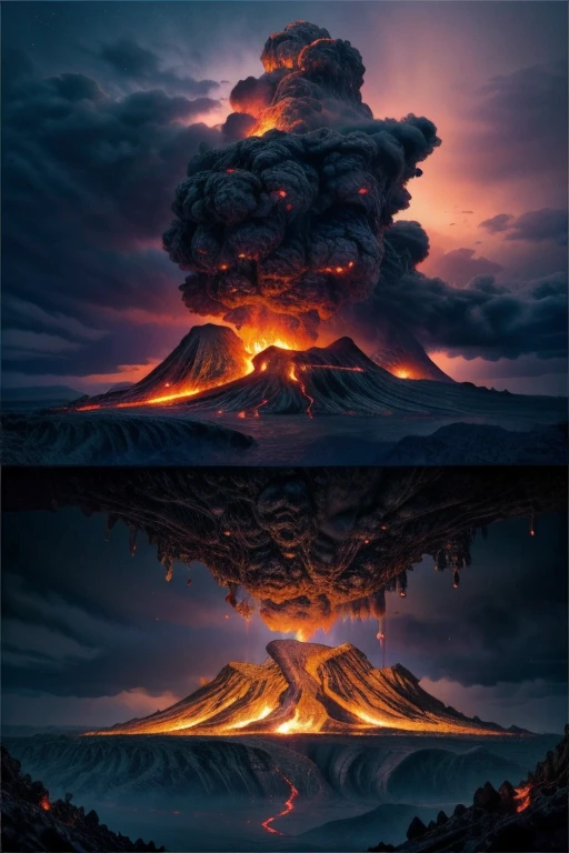 A mystical mysterious island above the sky, Volcanic ash clouds surrounding it, volcano island, lava flow, mysterious atmosphere, lava, mystical, fantasy, digital art, intricate details, 8k, photorealistic, hyperrealistic, cinematic lighting, dramatic lighting, high quality, intricate details, masterpiece, digital art