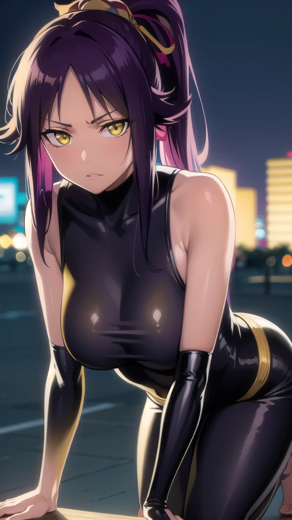 BREAK looking at viewer,BREAK (masterpiece:1.2), best quality, high resolution, unity 8k wallpaper, (illustration:0.8), (beautiful detailed eyes:1.6), extremely detailed face, perfect lighting, extremely detailed CG, (perfect hands, perfect anatomy),yoruichi shihouin, long hair, (yellow eyes:1.5),city,in street,night,lights,wet road,reflections,ponytail, purple hair, dark skin, dark-skinned female,
bodysuit, black bodysuit, bodysuit under clothes,sleeveless,sideboob,full body,bend over.