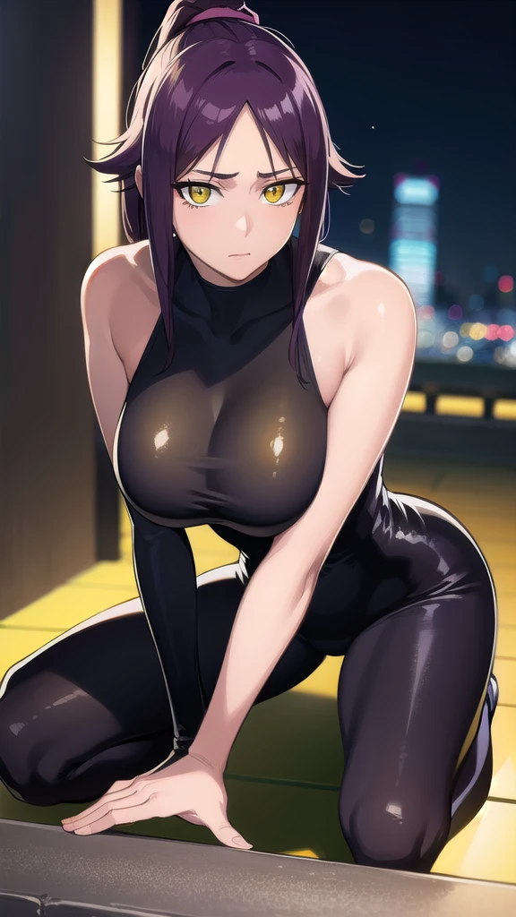 BREAK looking at viewer,BREAK (masterpiece:1.2), best quality, high resolution, unity 8k wallpaper, (illustration:0.8), (beautiful detailed eyes:1.6), extremely detailed face, perfect lighting, extremely detailed CG, (perfect hands, perfect anatomy),yoruichi shihouin, long hair, (yellow eyes:1.5),city,in street,night,lights,wet road,reflections,ponytail, purple hair, dark skin, dark-skinned female,
bodysuit, black bodysuit, bodysuit under clothes,sleeveless,sideboob,full body,bend over.