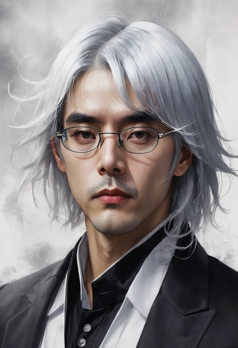 The tenth (Death Parade), 1 men, 35 year old,(black bristle), man with glasses, approximate face, foto perfil,dresses in formal and restrained style, a black jacket,white shirt, a professional look,gray-white hair, silver color, tired look,p4a psychedelic 1girl