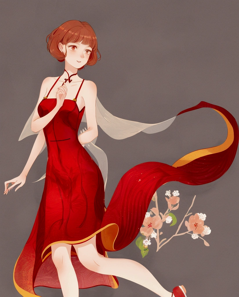 Height: 158, I'm redhead, 小柄, shoulder length wavy hair with bangs, small ass, but I have an ass, I am thin, wearing a 小柄 red dress, White background , Hand drawn, a little sexy, ,