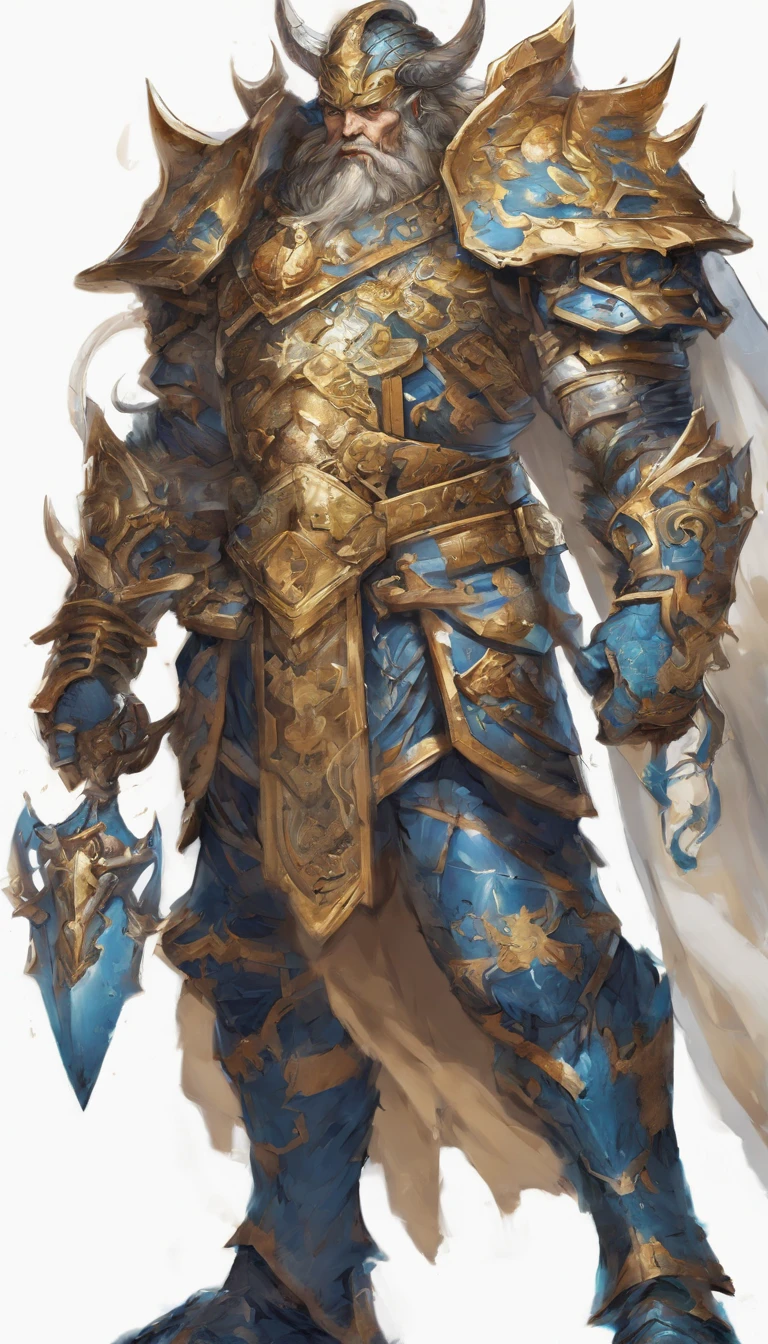 Sport concept people art on white background. I don't know. A mighty blue half-dragon giant warlord warrior. The character has perfect body proportions, high, slim and muscular. The character wears stunning full-body silver armor with lots of intricate detailing and gold metallic accents. The background is empty --ar 9:13--at 6.0 .