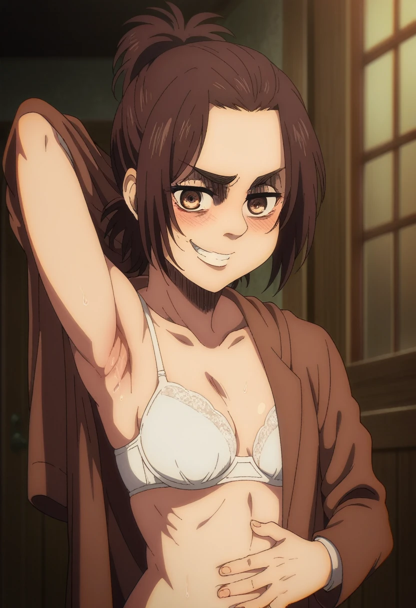 score_9, score_8_up, score_8, source_anime, shingeki_no_kyojin_s4_style, gabi braun, brown eyes, brown hair, single hair bun, , jacket, loafers,upper body, looking at viewer, smile, blush, seductive smile, navel, small breasts, legs, armpits, undressing, half eyes closed, crazy smile, standing, room, sweaty armpits, white bra, angry, looking down, hand on own stomach, 